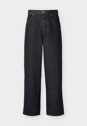 Jean en denim noir, taille haute et jambes droites, avec fermeture à boutons et poches avant, présenté sur un fond clair uni.