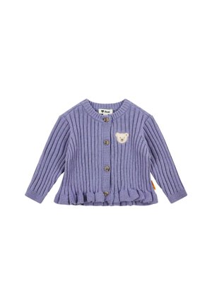 Purple ribbed knit baby cardigan with long sleeves, button front, ruffled hem, and small teddy bear patch on chest.