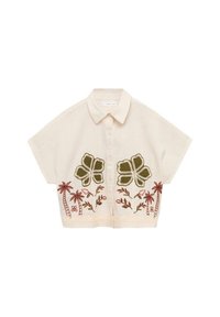 Camicia a maniche corte crema con fiori verdi ricamati e palme. Caratterizzata da chiusura con bottoni e colletto classico. Tessuto di cotone.