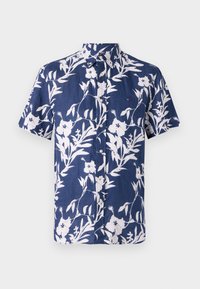 Camisa de botones de manga corta en azul marino con estampado floral blanco y un pequeño logo en el lado izquierdo del pecho.