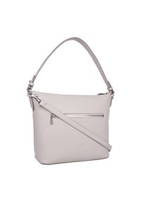 Hellgraue Lederhandtasche mit strukturierter Form. Verfügt über einen oberen Griff, einen abnehmbaren Schultergurt und eine vordere Reißverschlusstasche.