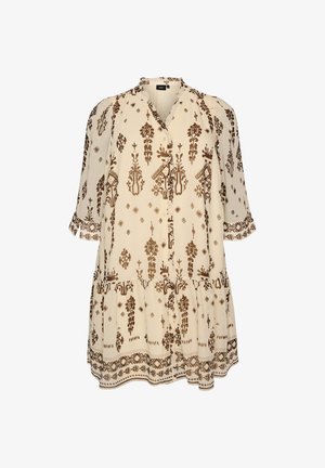 Zizzi, KLEID MIT ORNAMENT-PRINT UND RÜSCHENKRAGEN - Φόρεμα ημέρας - beige