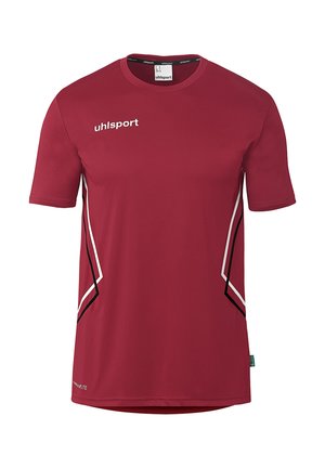 Weinrotes kurzärmeliges Sportshirt mit weißem "uhlsport"-Logo und schrägen weißen und schwarzen Seitenstreifen, Rundhalsausschnitt.
