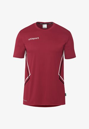 Weinrotes kurzärmeliges Sportshirt mit weißem "uhlsport"-Logo und schrägen weißen und schwarzen Seitenstreifen, Rundhalsausschnitt.
