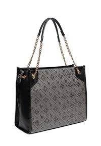 Svart läder tote-väska med en grå mönstrad mittdel som har logotypdesigns, dubbla kedje- och läderhandtag, samt guldfärgade detaljer.