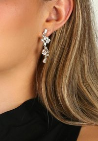 Långa örhängen i silverfärg som har klara och opalescerande rhinstenar, arrangerade i en blommönsterdesign med varierande storlekar, som hänger delikat.