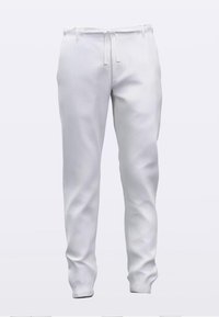 Pantalon de survêtement blanc avec taille à cordon de serrage, poignets élastiques et texture douce et lisse. Conçu pour le confort avec une coupe décontractée.