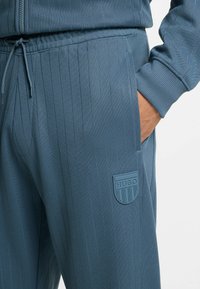 Blaue Trainingshose mit Nadelstreifen und strukturierter Webart, ausgestattet mit elastischem Bund, Seitentaschen und einem gummierten Logo-Patch.