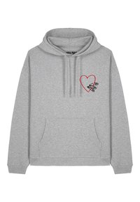Felpa grigia realizzata in morbido tessuto con tasca a marsupio. Presenta una grafica a forma di cuore rosso e un elemento di design nero sull'area sinistra del petto.