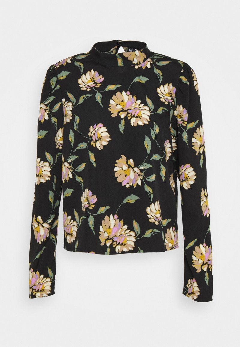 Blusa nera a maniche lunghe con motivo floreale in crema, rosa e verde. Collo alto e tessuto texturizzato con dettaglio di spalle arricciate.