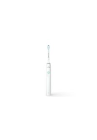 Spazzolino elettrico con manico bianco, setole blu e testina rotonda. Presenta un pulsante di accensione circolare e una luce verde di indicazione.