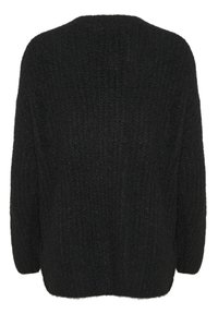 Schwarzer gestrickter Pullover mit strukturierter Oberfläche, lockerer Passform, überschnittenen Schultern und Rundhalsausschnitt, von hinten gesehen.