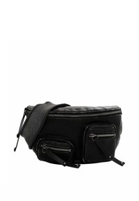 Czarna torba na ramię z tkaniny o zaokrąglonym kształcie. Posiada dwie przednie kieszenie na zamek, górny zamek błyskawiczny oraz regulowany pasek z wzorem.