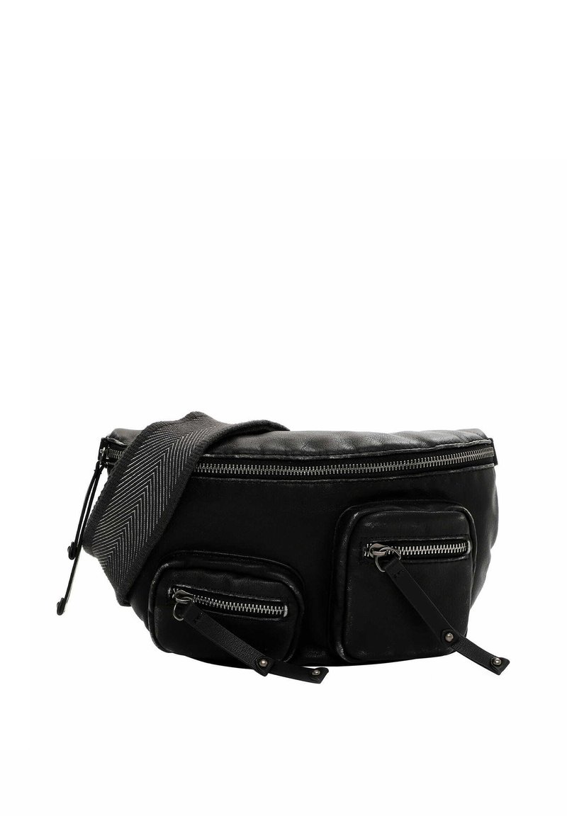 Czarna torba na ramię z tkaniny o zaokrąglonym kształcie. Posiada dwie przednie kieszenie na zamek, górny zamek błyskawiczny oraz regulowany pasek z wzorem.