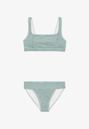 Striped bikini set featuring a square neck bralette and mid-rise bottoms. Colors include green and white with a smooth texture.