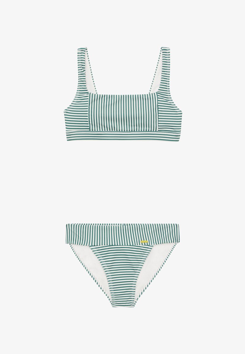 Gestreepte bikini-set met een vierkant neklijfje en mid-rise onderkant. Kleuren omvatten groen en wit met een gladde textuur.