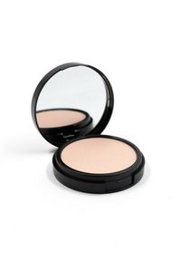 Caso di cipria compatto nero con specchio; di forma circolare, con superficie liscia; polvere color beige chiaro all'interno. Design minimalista con chiusura facile da aprire.