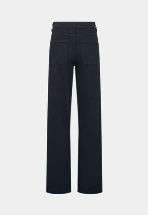 Dark blue wide-leg trousers with a high waist, two back patch pockets, and belt loops. Made from a sturdy cotton blend fabric.