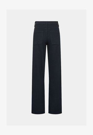 Donkerblauwe wijde broek met hoge taille, twee achterzakken en riemlussen. Gemaakt van een stevige katoenmix.