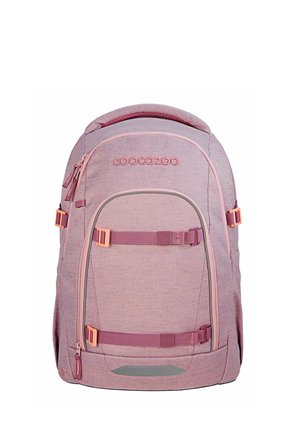 Pink and mauve fabric backpack with two front buckle straps, multiple zippered compartments, and a top carrying handle.
