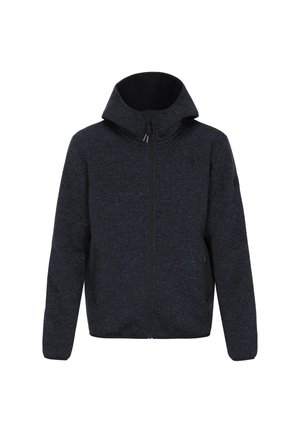 Kapuzenshirt aus dunkelblauem Strickstoff mit melierter Textur. Verfügt über einen durchgehenden Reißverschluss, seitliche Taschen und eine taillierte Passform.