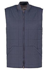 Marinblå quiltad pufferväst med dragkedja fram, ribbad krage och två framfickor. Slät textur och vadderad för värme.