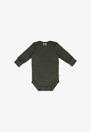 Langarm bodysuit in donker olijf groen, gemaakt van zacht materiaal, met drukknoopsluitingen aan de onderkant en een ronde halslijn.