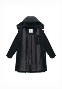 Schwarze Außenjacke mit Kapuze, ausgestattet mit einem glatten, gepolsterten Innenfutter und einer Reißverschlusstasche. Der Stoff hat eine weiche Textur und ein elegantes Design.