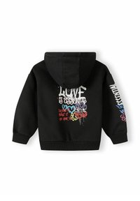 Zwarte hoodie met een trekkoord bij de capuchon. Heeft kleurrijke grafische tekst en bloemontwerpen op de achterkant en mouwen. Zachte stoftextuur.