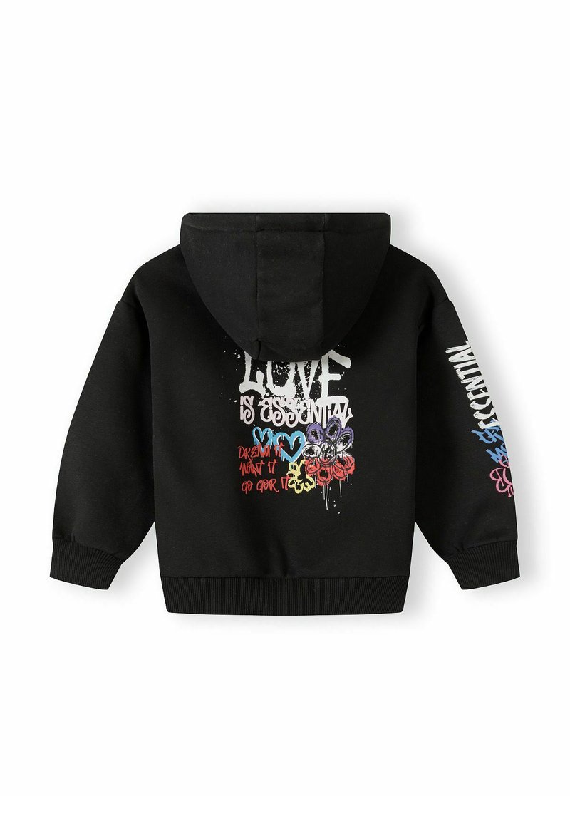 Haut à capuche noir avec un cordon de serrage. Présente un texte graphique multicolore et des motifs de fleurs au dos et sur les manches. Tissu à texture douce.