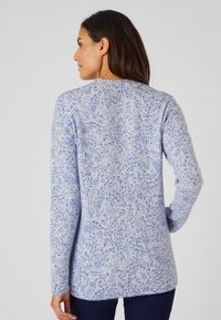 Blauer gemusterter Pullover mit lockerer Passform. Hat einen runden Halsausschnitt und lange Ärmel. Weiche Textur mit einem hellblauen Grundton und dunkleren blauen Akzenten.