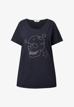 Schwarzes Baumwoll-T-Shirt mit einem Totenkopfdesign in grüner und rosa Stickerei sowie Sternen. Lockere Passform und runder Ausschnitt.
