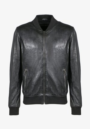 Schwarze Leder-Bomberjacke mit Frontreißverschluss, seitlichen Reißverschlusstaschen, geripptem Kragen, Bündchen und Bund.