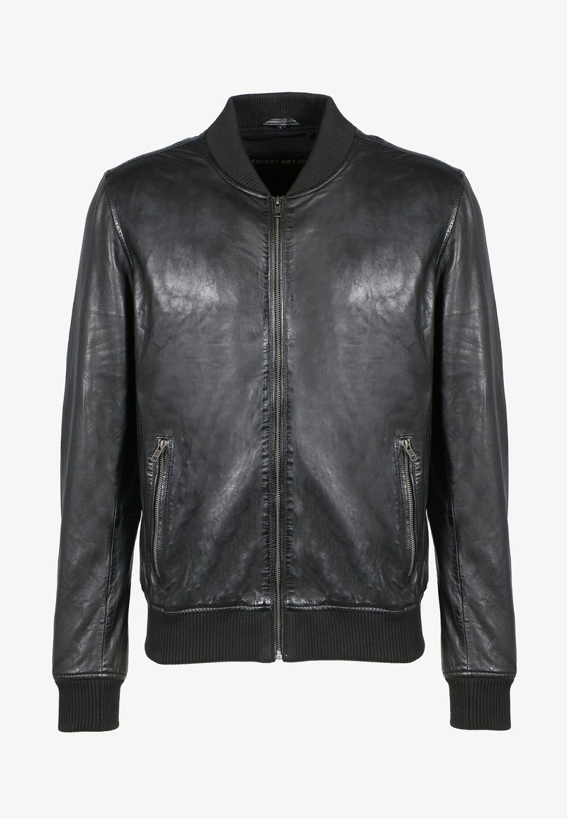 Veste bomber en cuir noir avec fermeture éclair sur le devant, poches latérales zippées, col, poignets et ceinture côtelés.