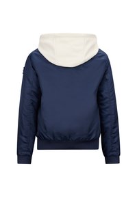 Marineblaue Bomberjacke mit einer cremefarbenen Kapuze. Glattes Material, elastische Ärmelbündchen und Bund. Keine sichtbaren Logos oder Verzierungen.