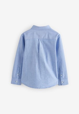 Light blue long-sleeve shirt made of a soft, textured fabric. Features a collar, buttoned cuffs, and a pleat at the back.