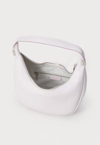 Pink leather handbag with a curved design, single strap, silver hardware, and a zippered interior pocket. Features a smooth texture.