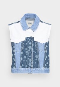 Jeansowa kamizelka z białym kołnierzem i niebieskim materiałem w kwiatowy wzór, z kieszeniami, o uporządkowanym kroju i kontrastujących odcieniach niebieskiego denimu.