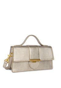 Borsa a mano metallic oro con un motivo testurizzato, forma strutturata, manico superiore, tracolla staccabile e dettagli in metallo dorato.