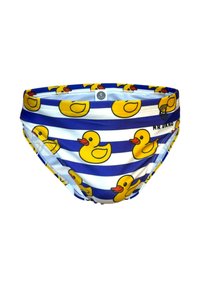 Bañadores para niños con franjas horizontales azules y blancas y un patrón de patitos de goma amarillos.