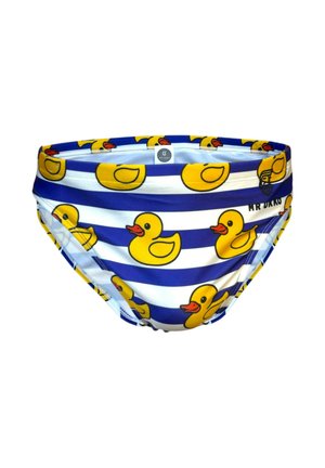Kinder zwemslips met blauwe en witte horizontale strepen en een patroon van gele rubberen eendjes.