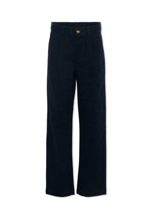 Donker marineblauwe rechte broek met hoge taille, voorplooien, riemlussen, zijzakken en een enkele knoopsluiting aan de tailleband.