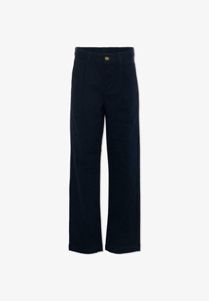 Pantalon droit taille haute bleu marine foncé avec plis devant, passants pour ceinture, poches latérales et fermeture par un seul bouton à la taille.