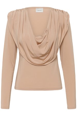 Beežika tooniga pika varrukaga top, millel on lahtine kaelus ja peened õlapleedid, vormitud vöökoht, kaeluse sees kaubamärgi silt.