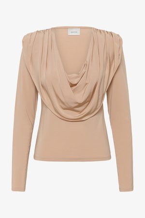 Beežika tooniga pika varrukaga top, millel on lahtine kaelus ja peened õlapleedid, vormitud vöökoht, kaeluse sees kaubamärgi silt.