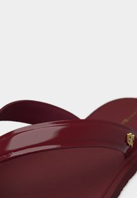 Κοντινή λήψη γυαλιστερής σκούρας κόκκινης σανδάλιας με λεπτό λουράκι και μικρό χρυσό διακοσμητικό έμβλημα στο πλάι.