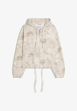 Světlé béžové mikinové s kapucí na zip s jemným batikovaným vzorem, předními kapsami, šňůrkami na kapuci a lemování, elastickými manžetami a značkovou štítkem uvnitř límce.