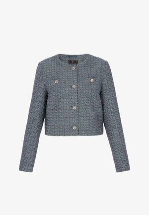 Kurz geschnittene Damen-Tweedjacke in Blau und Grau mit langen Ärmeln und sechs dekorativen silbernen Knöpfen vorne am Oberteil.