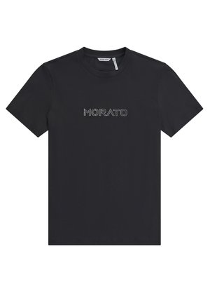 Camiseta de algodón negra de manga corta, con un logo texturizado "MORATO" en el pecho en un color contrastante. Diseño clásico de cuello redondo.