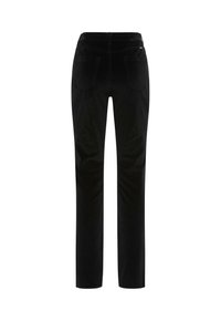 Zwarte corduroy broek met rechte pijpen, voorzien van twee achterzakken en een ritssluiting. Zachte textuur met zichtbaar geribbelde patroon.